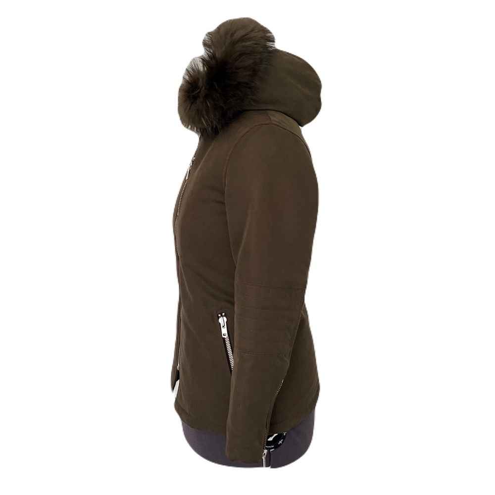 Anthropologie Doma Green Plush Lined Moto Jacket with Fur Trimmed Hood, Size XS - Picture 3 of 8